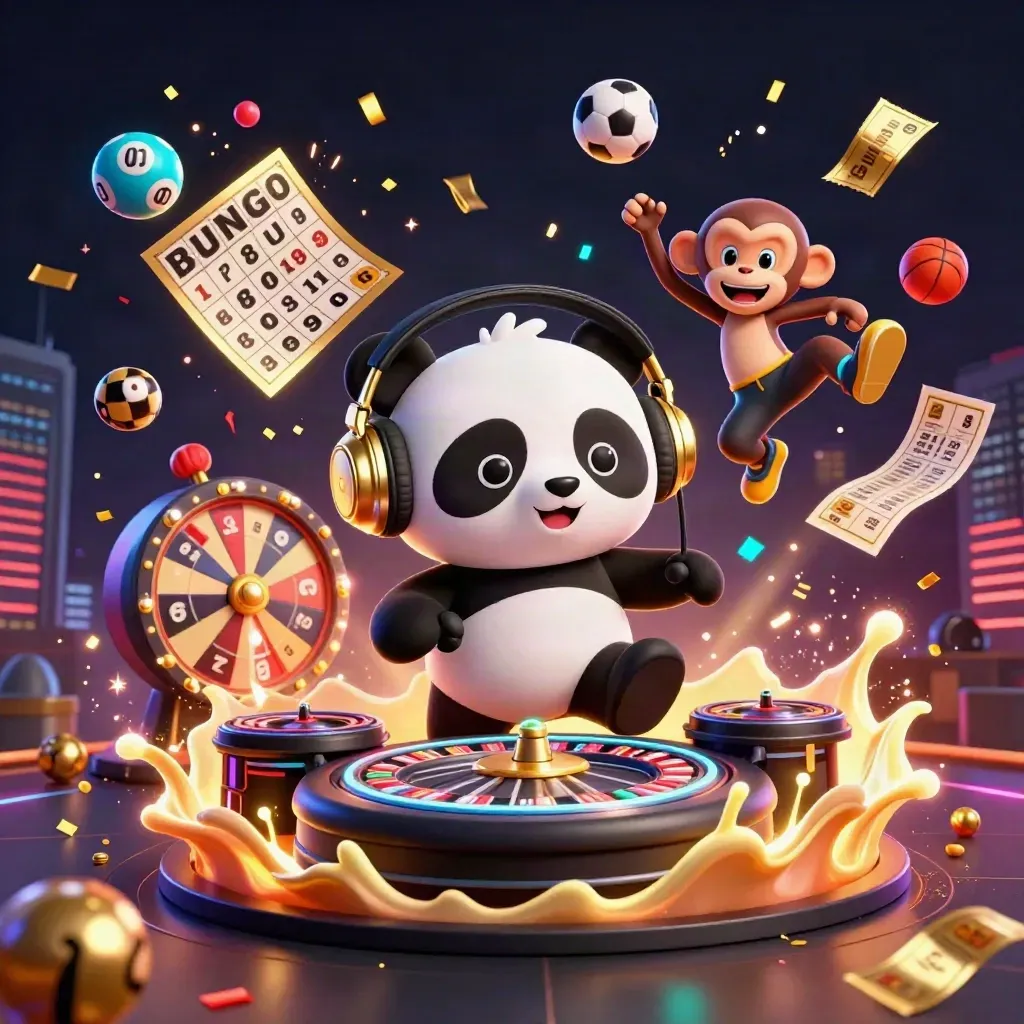 DJ panda, breakdancing monkey and glow-stick kitten amid casino sports props and neon light