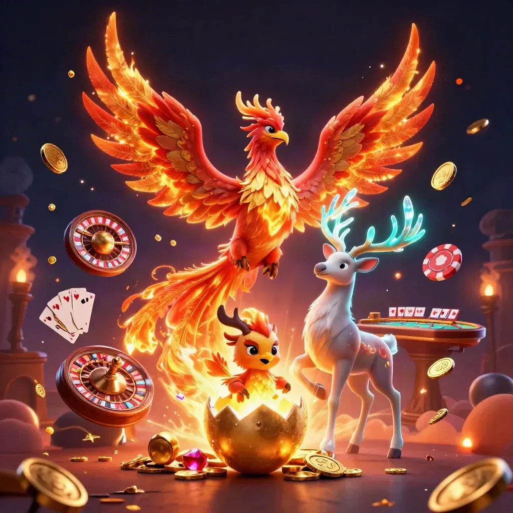 Phoenix, hatching chick, and crystal-antler stag amid casino gold, coins, cards, and glowing neon light.