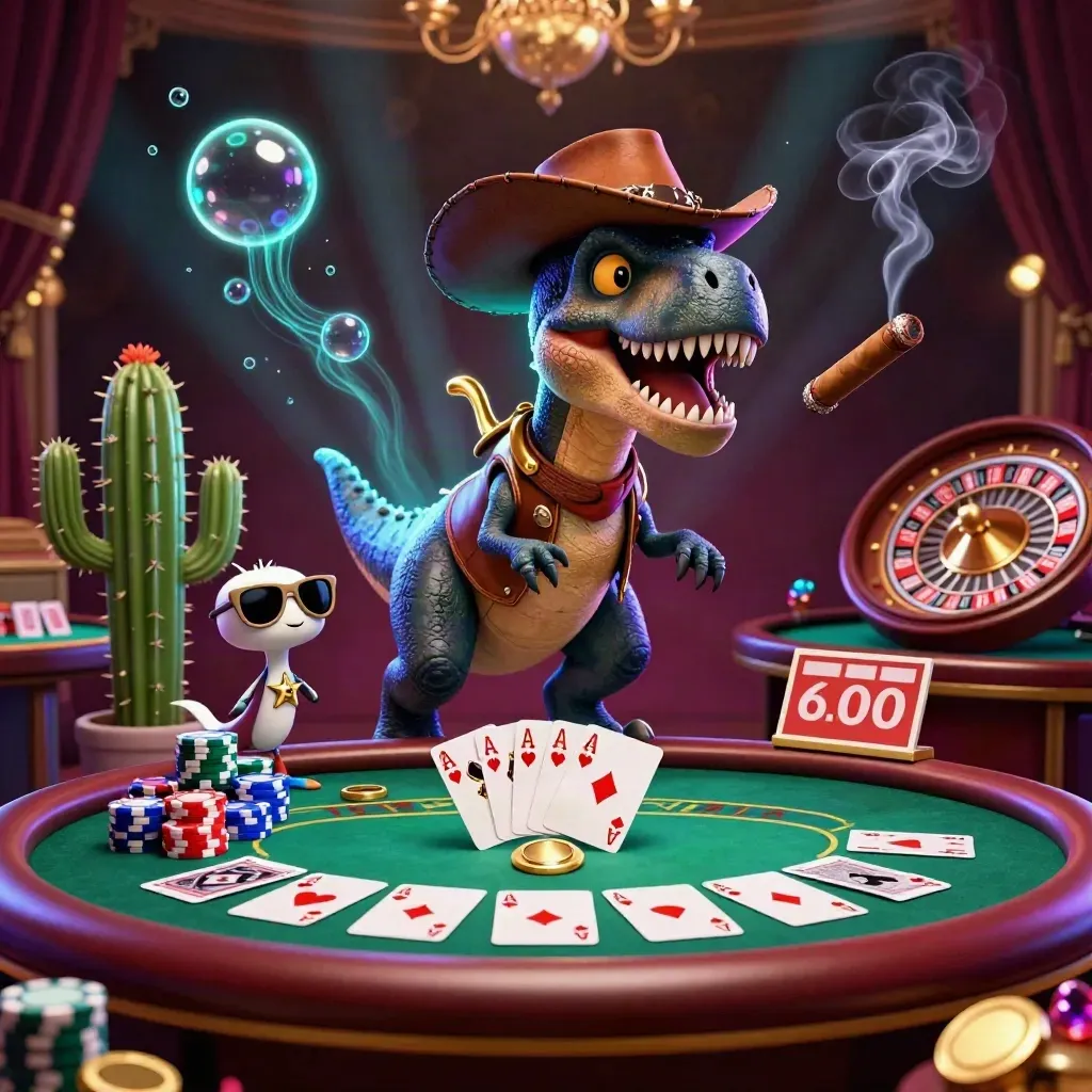 Cowboy T-Rex, cactus sidekick and sheriff roadrunner at a glowing casino table.