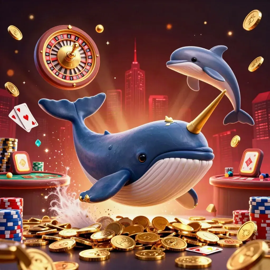 Whale captain, narwhal, and dolphins amid coins, gems, chips, and a glowing casino backdrop.