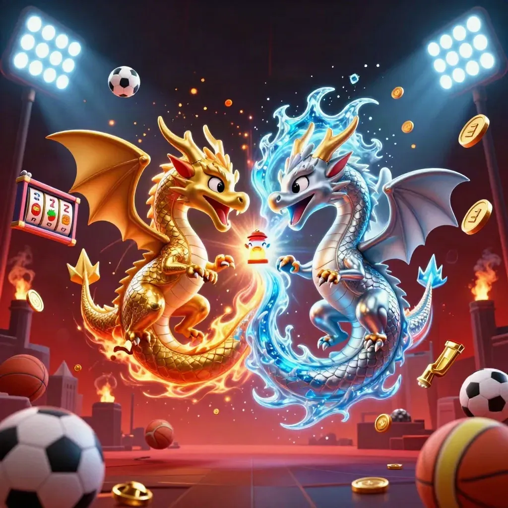 Twin gold and silver dragons clash in flight amid neon sports props, coins, and a dark red skyline.