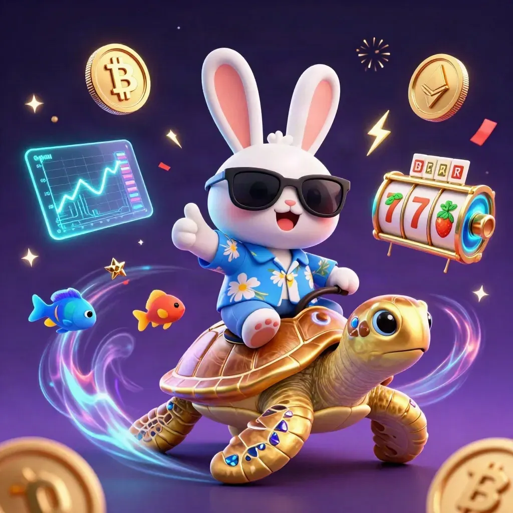 Lucky rabbit rides a gold sea turtle with neon crypto effects in a casino splash scene