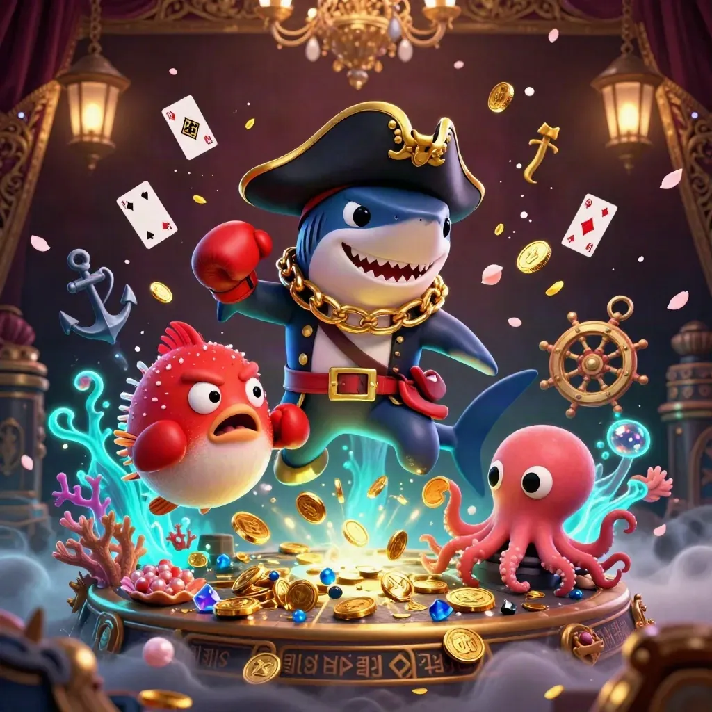 Pirate shark, boxing pufferfish, and coin-juggling octopus in a glowing treasure cove.