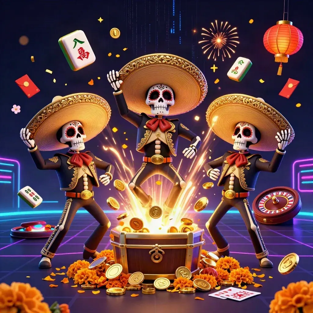 Skeleton mariachi trio amid coins, lanterns, neon bolts, roulette wheel, and casino glow.