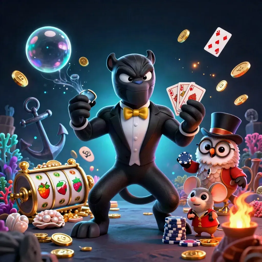 Panther, owl, and mouse amid treasure cove casino effects on a dark neon background.